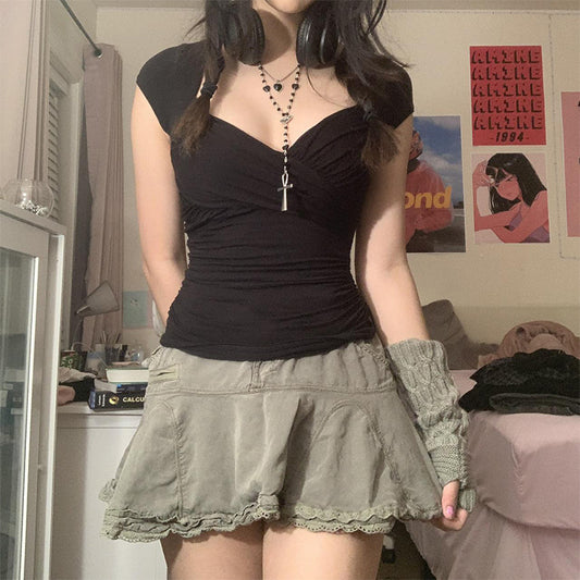 Criss Cross Ruched V Neck Tee - fairypeony