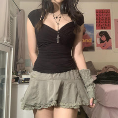 Criss Cross Ruched V Neck Tee - fairypeony