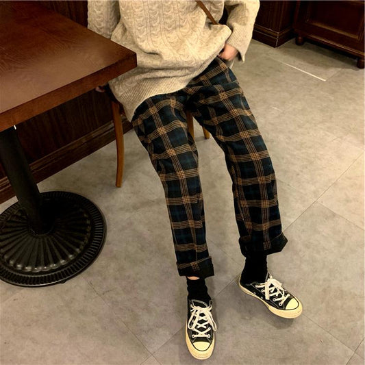 90s Kids Pants in Plaid Check, , women clothing, 90s-kids-pants-in-plaid-check, coffee, L, M, S, fairypeony