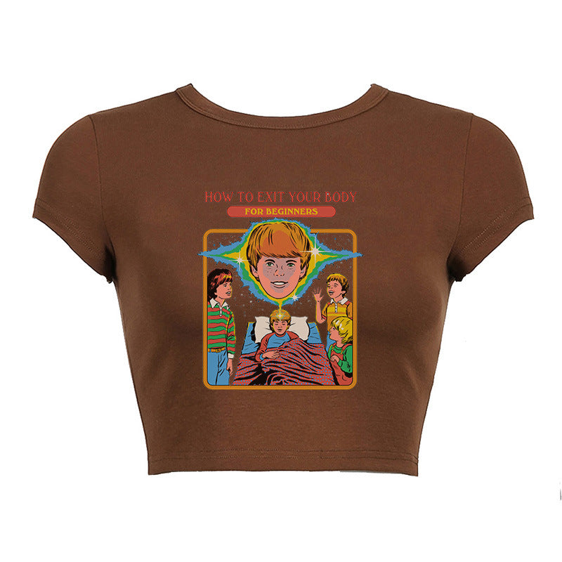 Round Neck Short Print Shirt, , women clothing, round-neck-short-print-shirt, brown, L, M, S, fairypeony