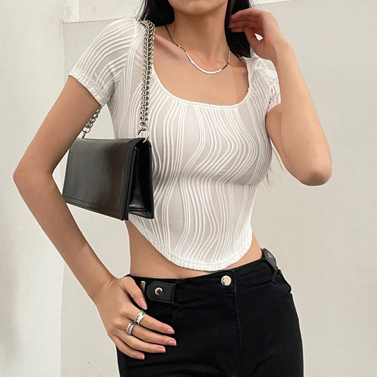 Textured Stripe Short Sleeve Crop Top - fairypeony
