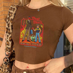 Round Neck Short Print Shirt, , women clothing, round-neck-short-print-shirt, brown, L, M, S, fairypeony