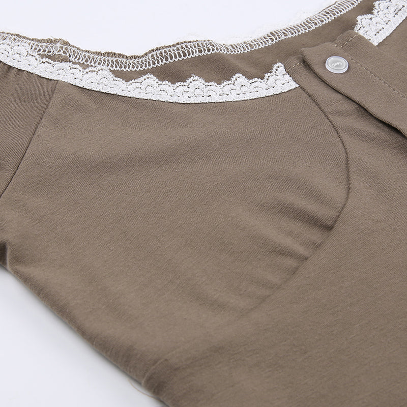 Lace Trim Short Sleeve Button Crop Top - fairypeony