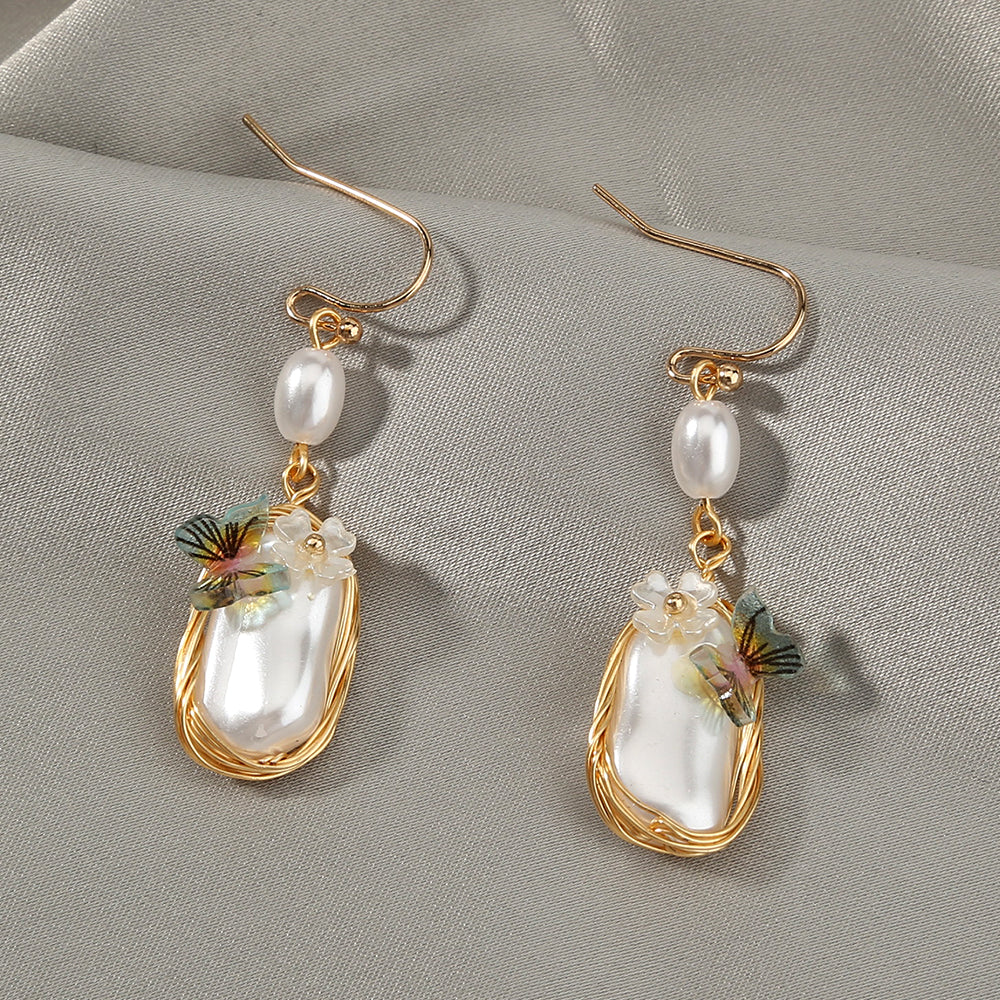 Baroque Court-style French Earrings With Pearl Butterfly Earrings, , women clothing, baroque-court-style-french-earrings-with-pearl-butterfly-earrings, , fairypeony