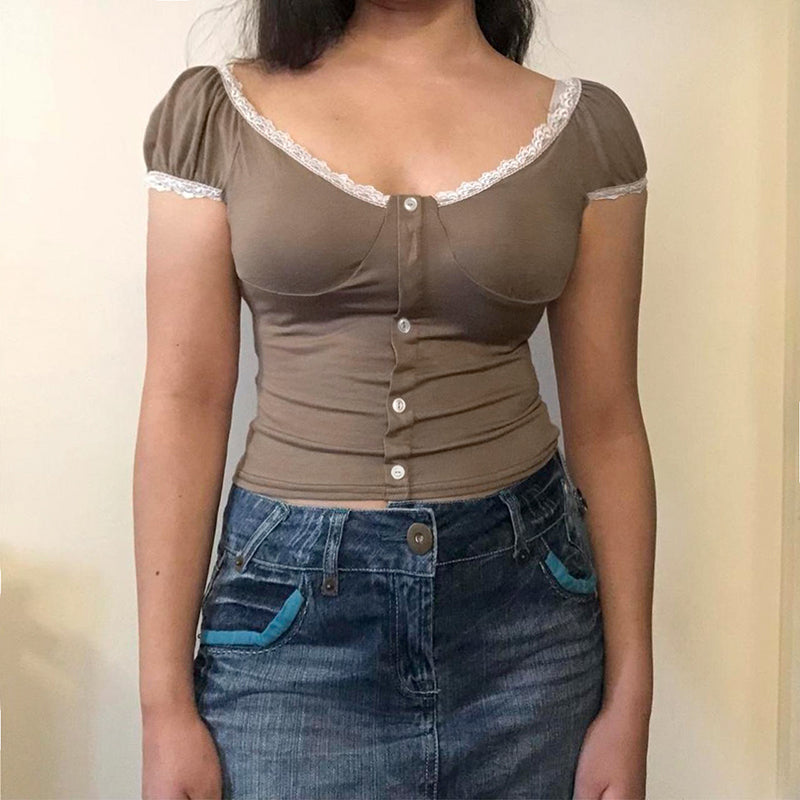 Lace Trim Short Sleeve Button Crop Top - fairypeony
