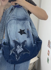 Vintage Star Patch Gradient Denim Backpack - fairypeony