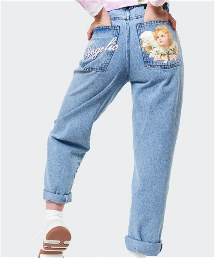 High Waist Angel Print Jeans, , women clothing, high-waist-angel-print-jeans, , fairypeony