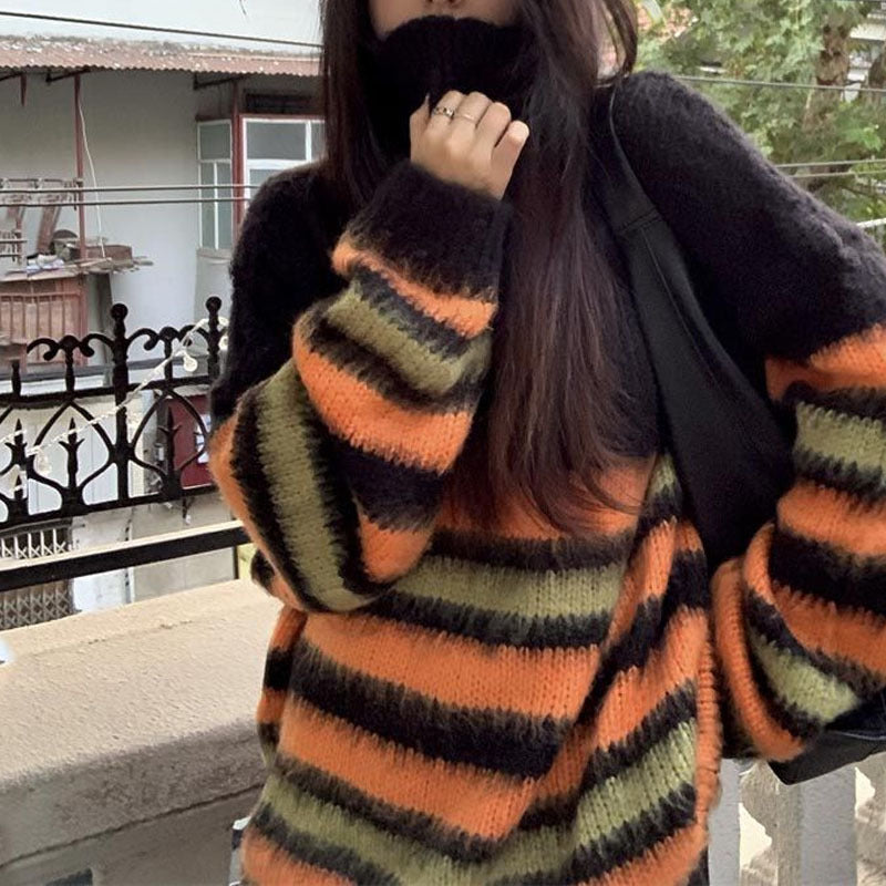 Vintage Color Block Striped Fuzzy Knit Sweater - fairypeony