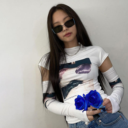 Slim Printed Round Neck Crop T-Shirt, , women clothing, slim-printed-round-neck-crop-t-shirt, , fairypeony