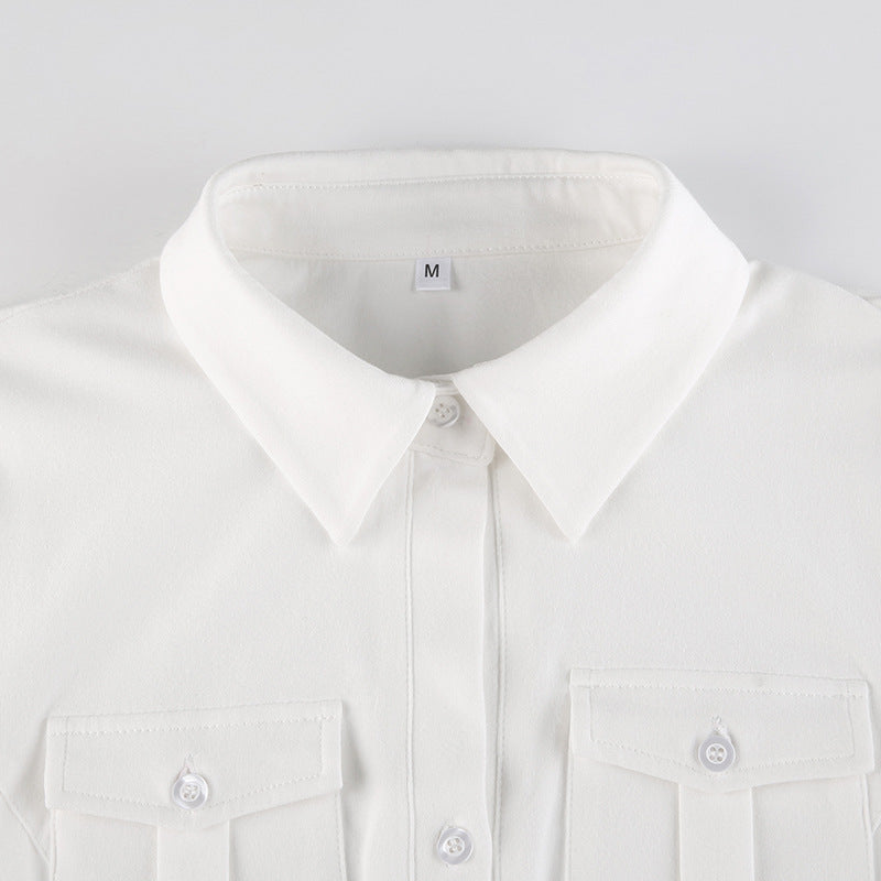 Pocket Button Down Cropped Blouse - fairypeony