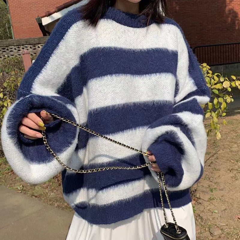 Crew Neck Pullover Striped Knit Sweater, , women clothing, crew-neck-pullover-striped-knit-sweater, , fairypeony