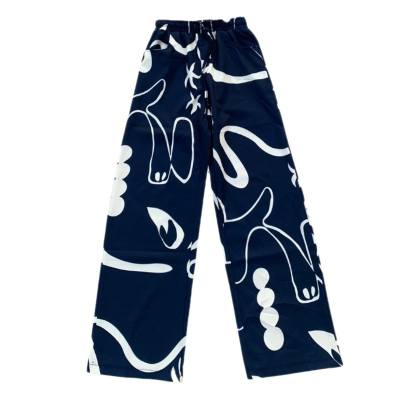 Vintage Graffiti Print Loose Wide-leg Pants, , women clothing, vintage-graffiti-print-loose-wide-leg-pants, , fairypeony