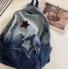 Vintage Star Patch Gradient Denim Backpack - fairypeony