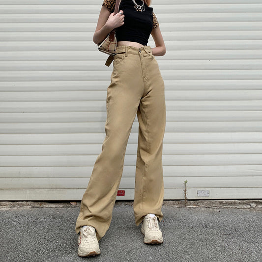 Khaki High-waist Straight-leg Casual Trousers, , women clothing, khaki-high-waist-straight-leg-casual-trousers, , fairypeony