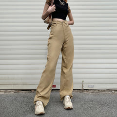 Khaki High-waist Straight-leg Casual Trousers, , women clothing, khaki-high-waist-straight-leg-casual-trousers, , fairypeony