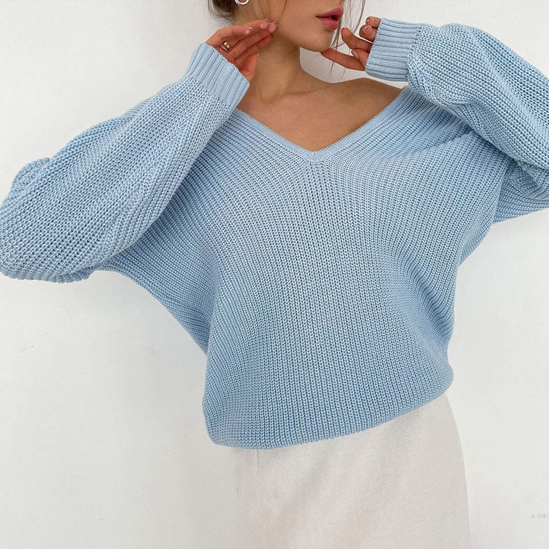 V Neck Blue Padded Knitted Pullover, , women clothing, v-neck-blue-padded-knitted-pullover, , fairypeony