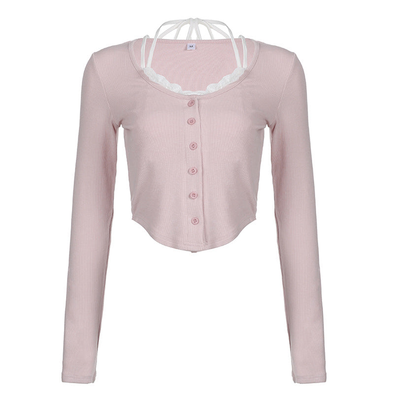 Lace Trim Knit Long Sleeve Button Crop Top - fairypeony