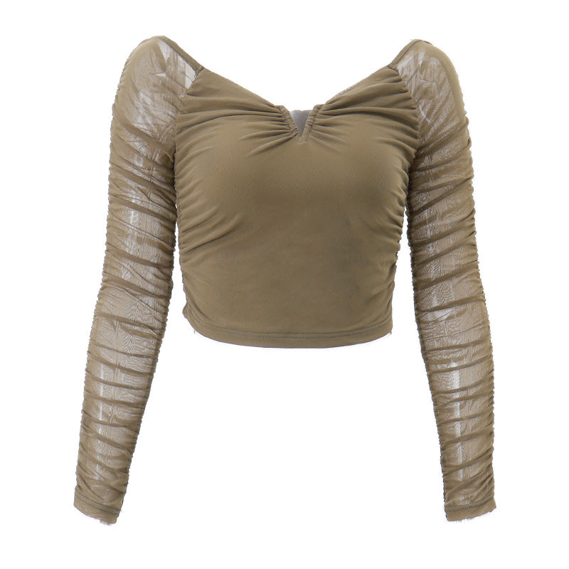 Ruched Mesh Long Sleeve Crop Top - fairypeony