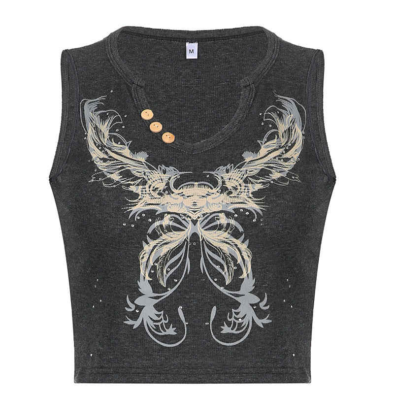 Grey Retro V Neck Three Buttons Beautiful Butterfly Print Hot Drill Sleeveless Tank Top, , women clothing, grey-retro-v-neck-three-buttons-beautiful-butterfly-print-hot-drill-sleeveless-tank-top, Fairy Grunge, grey, L, M, S, fairypeony