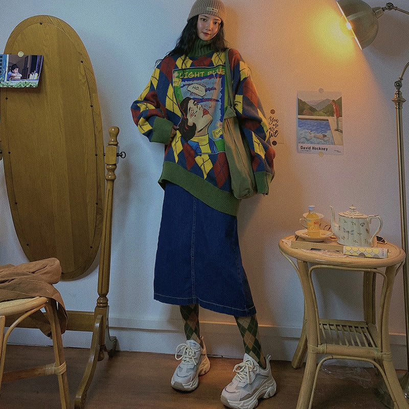 Y2K Harajuku Turtleneck Knit Oversize Warm Long Sweater, , women clothing, y2k-harajuku-turtleneck-knit-oversize-warm-long-sweater, , fairypeony