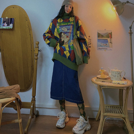 Y2K Harajuku Turtleneck Knit Oversize Warm Long Sweater, , women clothing, y2k-harajuku-turtleneck-knit-oversize-warm-long-sweater, , fairypeony