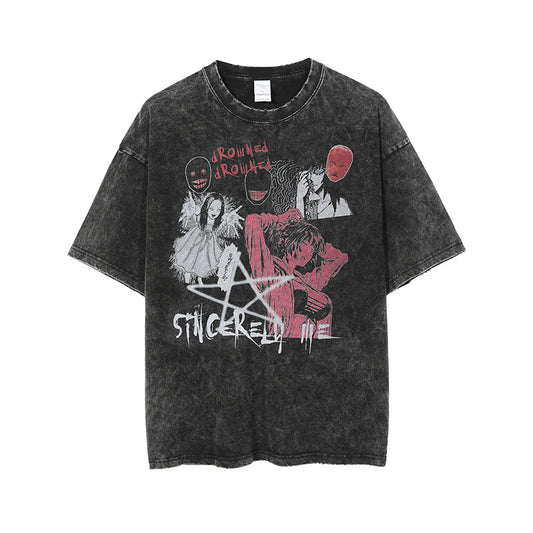 Loose Washed Distressed Short Sleeve T-Shirt, , women clothing, loose-washed-distressed-short-sleeve-t-shirt, black, L, M, XL, fairypeony