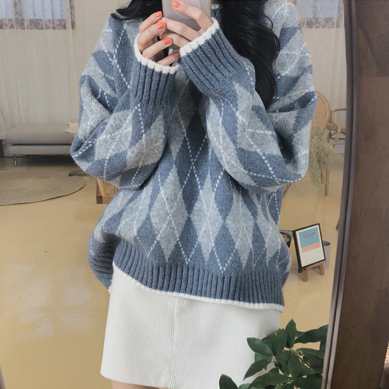 Crew Neck Argyle Knit Sweater, , women clothing, crew-neck-argyle-knit-sweater, , fairypeony