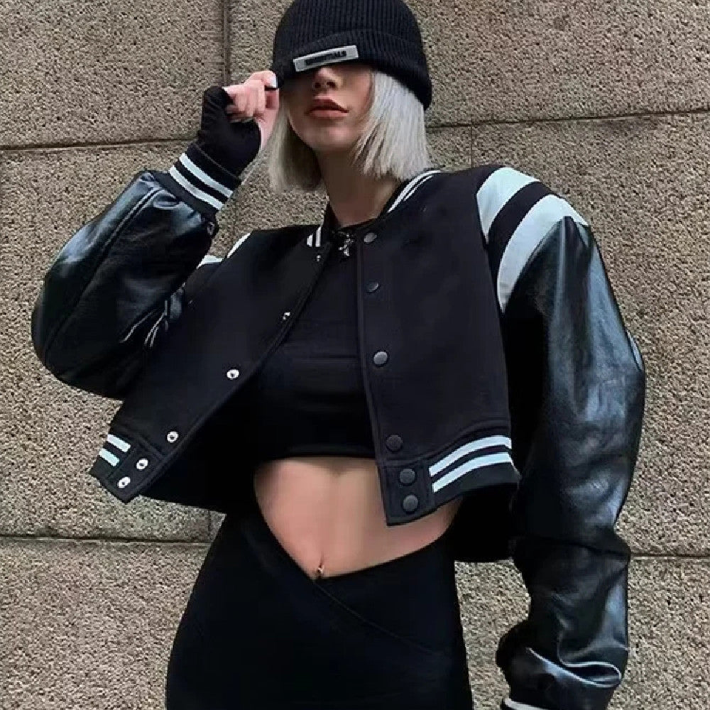Black Retro Street Baseball Jacket, , women clothing, black-retro-street-baseball-jacket, , fairypeony