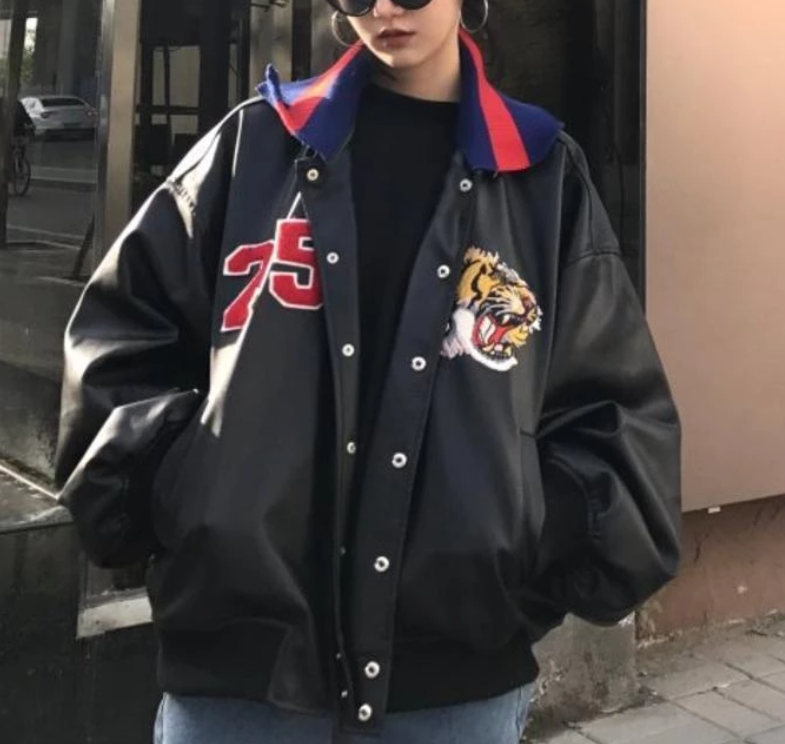 Bomber Embroidered Tiger Varsity Jacket, , women clothing, bomber-embroidered-tiger-varsity-jacket, black, fairypeony