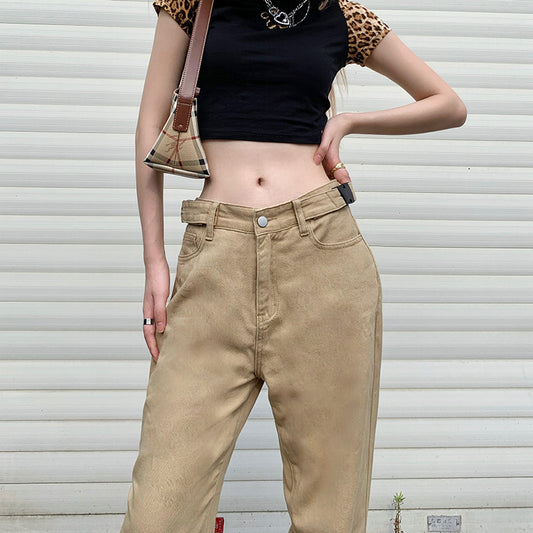 Khaki High-waist Straight-leg Casual Trousers, , women clothing, khaki-high-waist-straight-leg-casual-trousers, , fairypeony