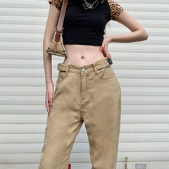 Khaki High-waist Straight-leg Casual Trousers, , women clothing, khaki-high-waist-straight-leg-casual-trousers, , fairypeony