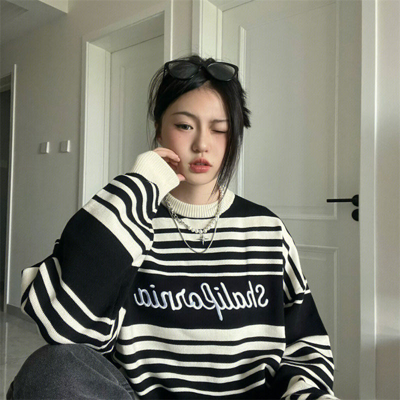 Oversized Stripe Jumper Knit Sweater, , women clothing, oversized-stripe-jumper-knit-sweater, , fairypeony