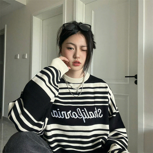 Oversized Stripe Jumper Knit Sweater, , women clothing, oversized-stripe-jumper-knit-sweater, , fairypeony