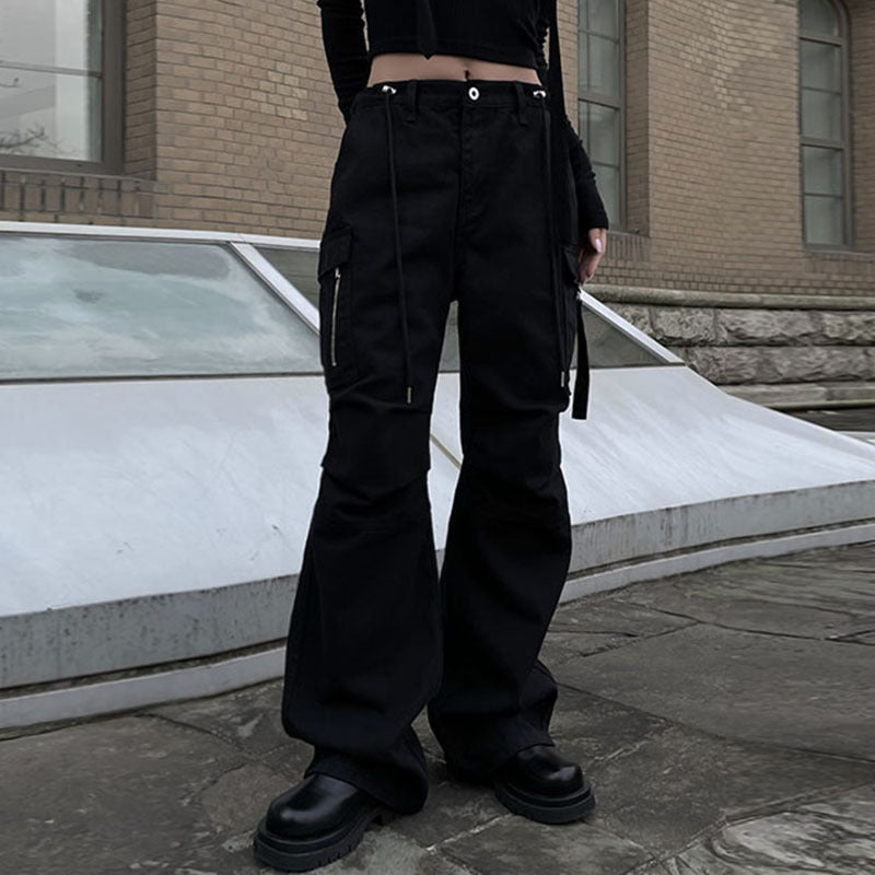 Size Friendly Pocket Drawstring Parachute Cargo Pants - fairypeony