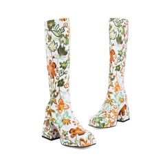 Colorful Floral Square Toe Boots, , women clothing, colorful-floral-square-toe-boots, green, white, fairypeony