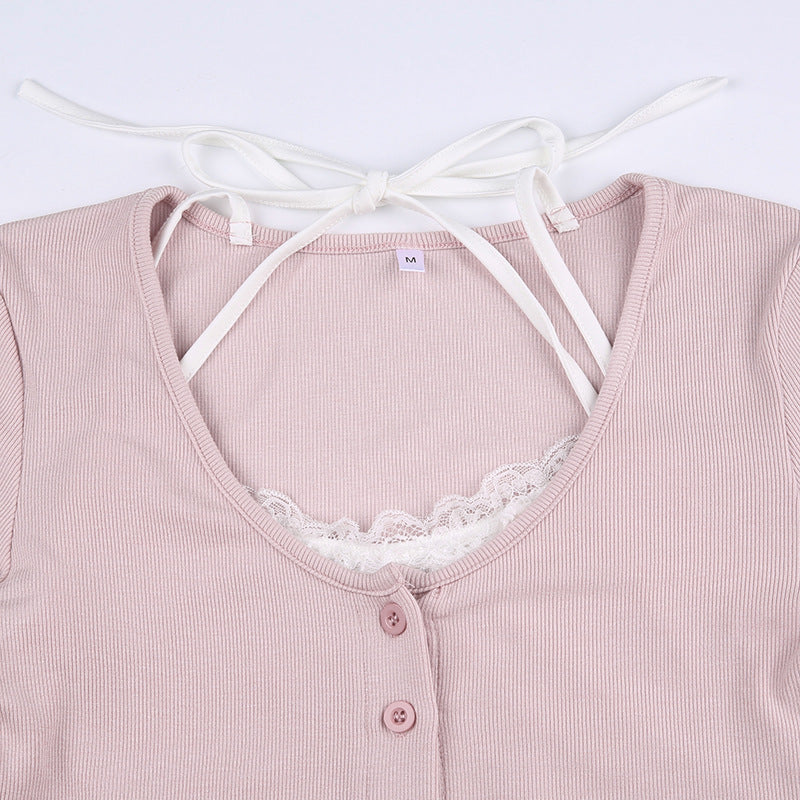 Lace Trim Knit Long Sleeve Button Crop Top - fairypeony