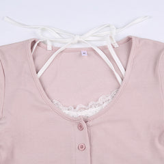 Lace Trim Knit Long Sleeve Button Crop Top - fairypeony