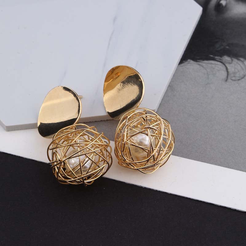 Temperament Woven Ball Pearl Earrings, , women clothing, temperament-woven-ball-pearl-earrings, , fairypeony