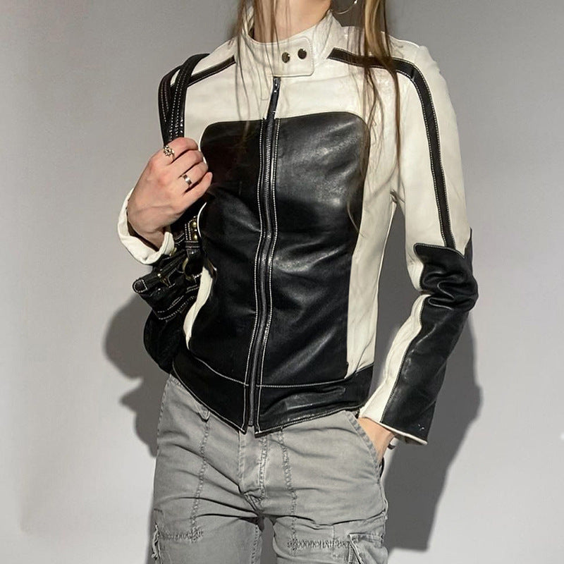 Color Block Zipper Faux Leather Moto Jacket - fairypeony