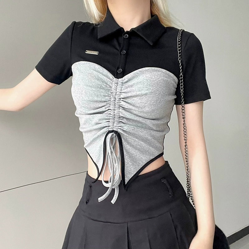 Tie Front Patchwork Button Up Crop Top - fairypeony