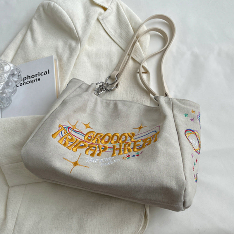 Aesthetic Large Canvas Embroidered Shoulder Bag - fairypeony