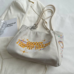 Aesthetic Large Canvas Embroidered Shoulder Bag - fairypeony