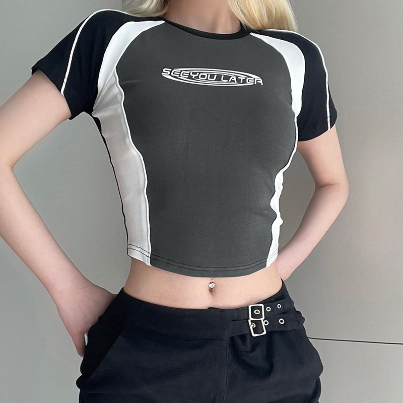 Logo Print Patchwork Short Sleeve Tee - fairypeony