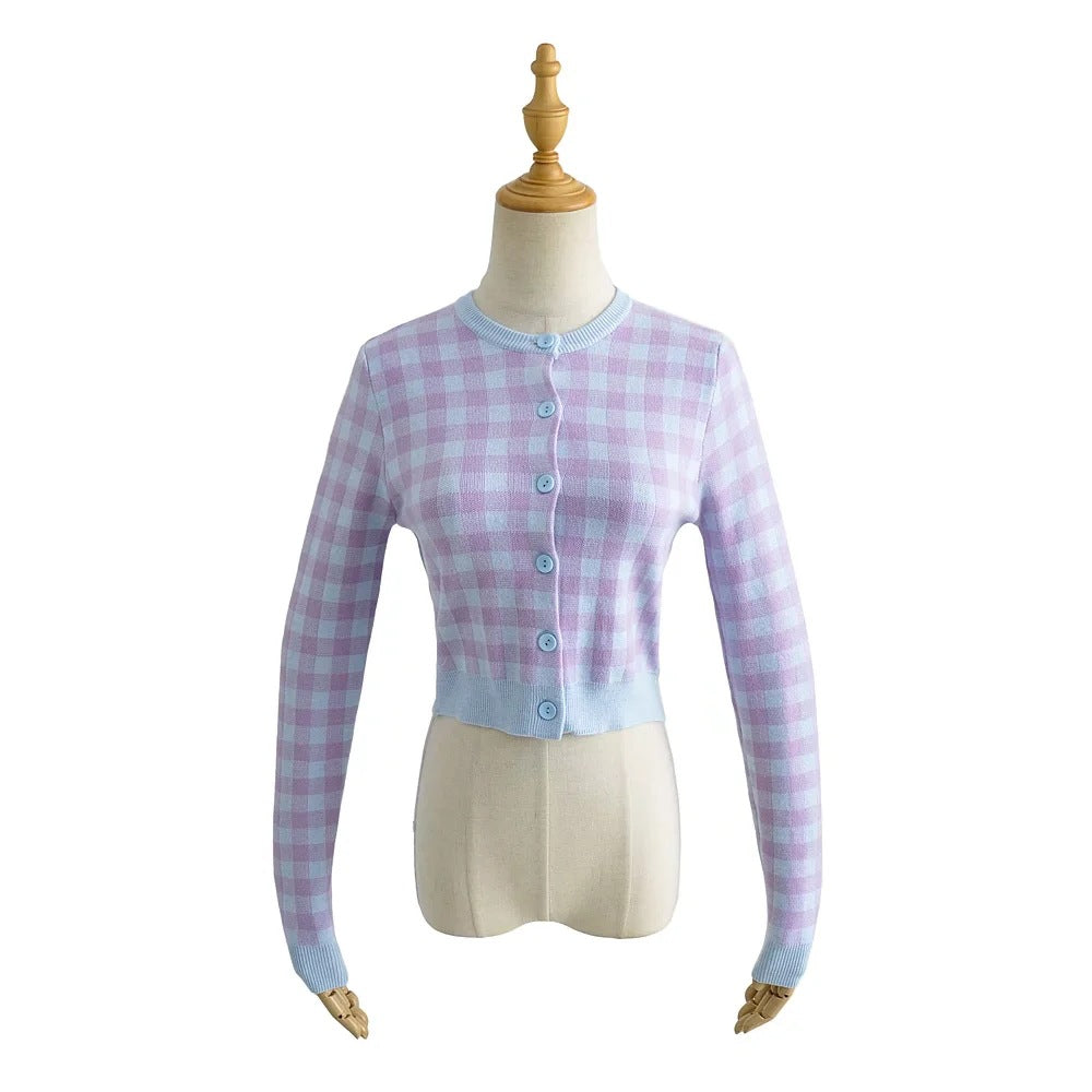 Checkered Button Front Knit Crop Cardigan, , women clothing, checkered-button-front-knit-crop-cardigan, , fairypeony