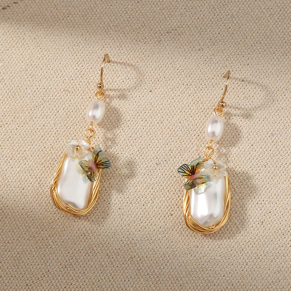 Baroque Court-style French Earrings With Pearl Butterfly Earrings, , women clothing, baroque-court-style-french-earrings-with-pearl-butterfly-earrings, , fairypeony