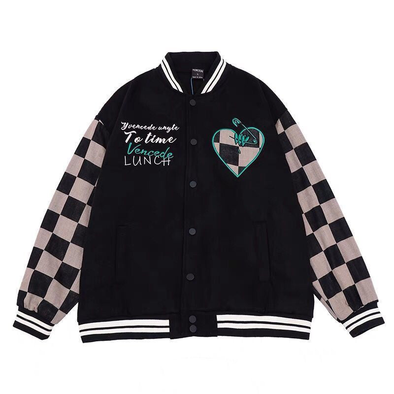 Retro Checkerboard Baseball Jacket, , women clothing, retro-checkerboard-baseball-jacket, , fairypeony