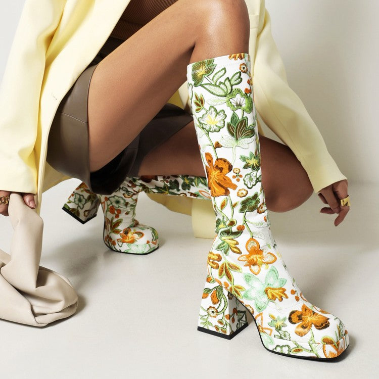 Colorful Floral Square Toe Boots, , women clothing, colorful-floral-square-toe-boots, green, white, fairypeony