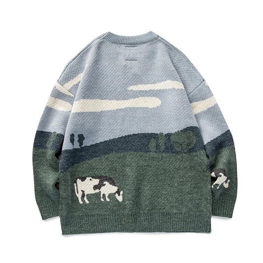 Cows Emroidery Vintage Sweater, , women clothing, cows-emroidery-vintage-sweater, grey, L, M, orange, XL, fairypeony
