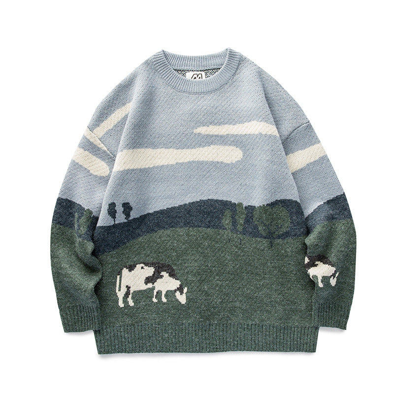 Cows Emroidery Vintage Sweater, , women clothing, cows-emroidery-vintage-sweater, grey, L, M, orange, XL, fairypeony