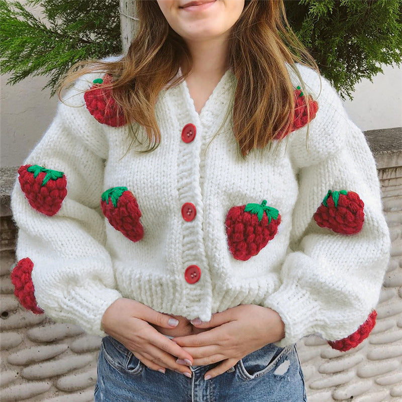 Cute Strawberry Loose V-neck Cardigan Sweater, , women clothing, cute-strawberry-loose-v-neck-cardigan-sweater, , fairypeony